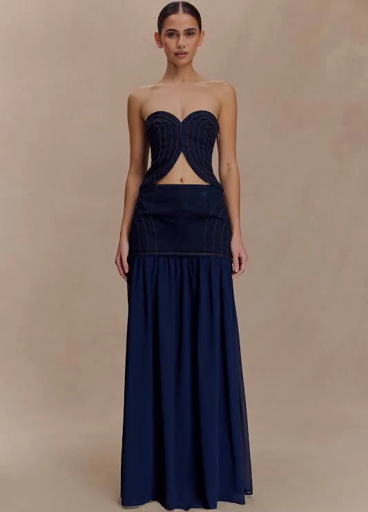 denim Meshki Tully Chiffon Denim Maxi Skirt meshki.us $95