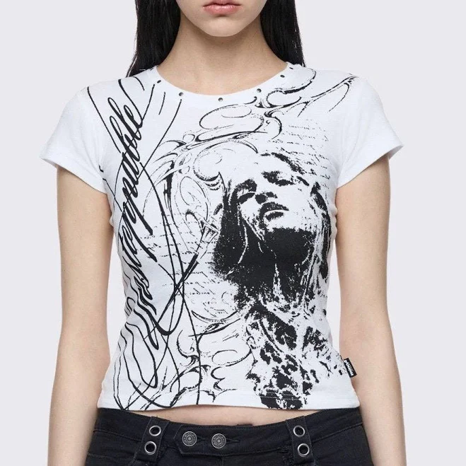 top Minga London Slim Fit Goth Graphic Baby Tee Minga London US $50