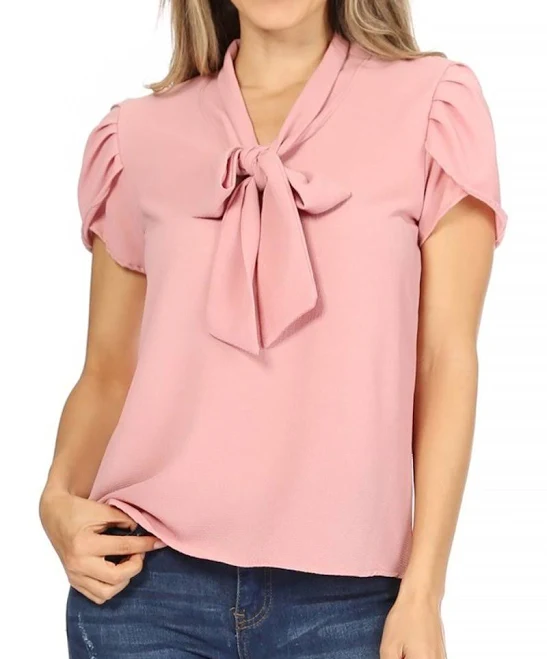 top Moa Collection Petal Sleeve Bow Tie Neck Blouse MOA Collection $60