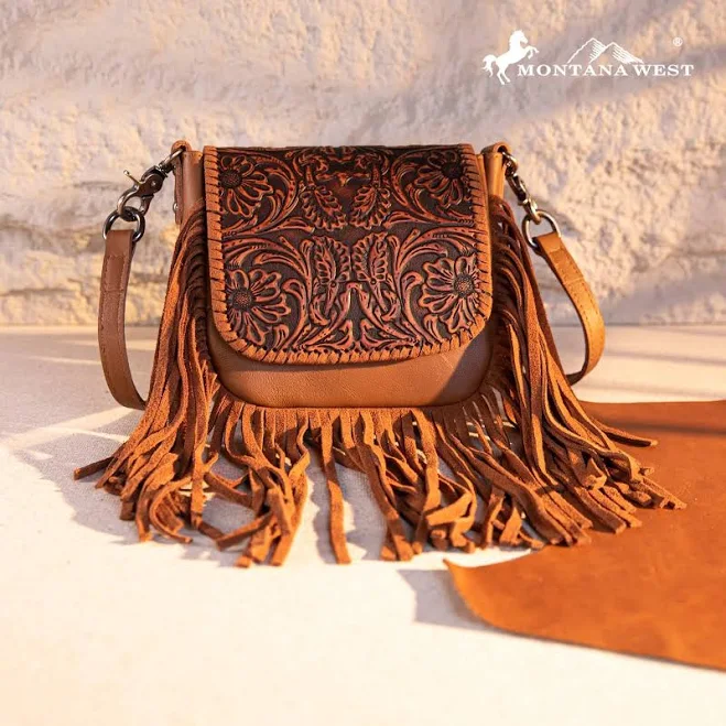 bag Montana West Genuine Leather Tooled Fringe Crossbody Bag Montana West $54.99