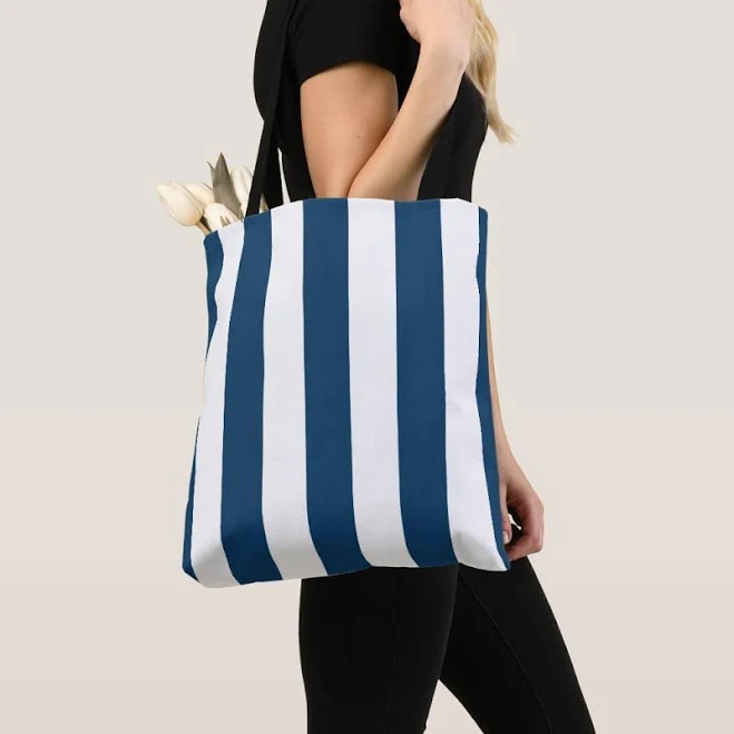 bag Navy Blue Stripes, White Stripes, Striped Pattern Tote Bag Zazzle $28.73