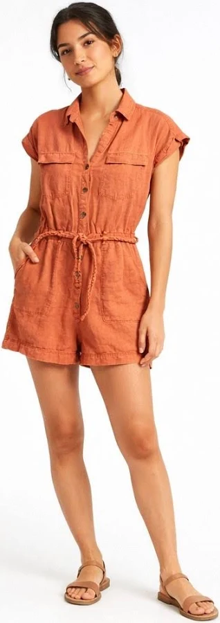 romper Nicole Miller Linen Romper Xs Orangeterracota Utility Belted Button eBay $26.97