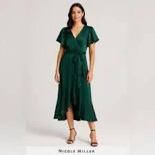 dress Nicole Miller Satin Emerald Wrap Dress Flutter Sleeve Ruffle Festive Holiday eBay $27