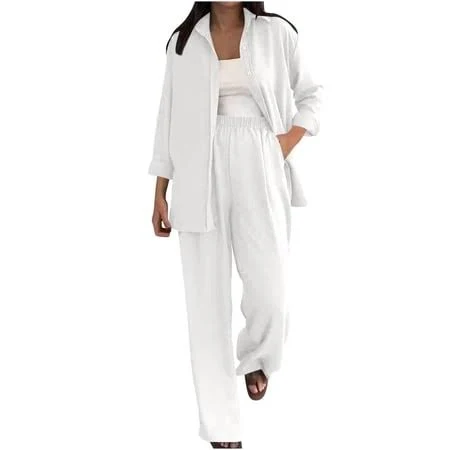 matching set Nmmued Linen 2 Piece Set for Women Long Sleeve Button Down Oversized Pant Sets Long Sleeve Button Down Shirt and Wide Leg Pants Set Linen Lounge Sets Walmart - NMMUED $42.99