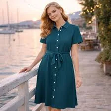 dress Ocean Teal Shirt Dress Women Short Sleeve with Belt – Elegant Petrol Blue Green Summer Dress Etsy $46.34