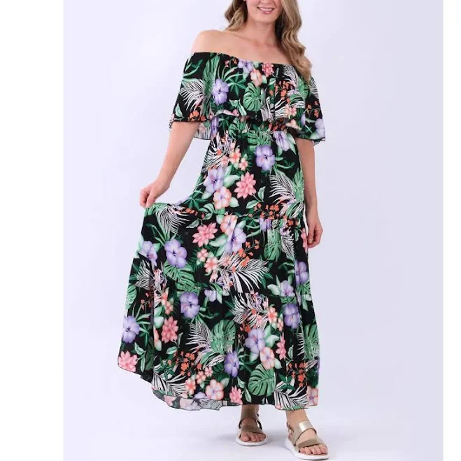 off-shoulder top Off-Shoulder Tropical Print Maxi Dress TikTok Shop $70