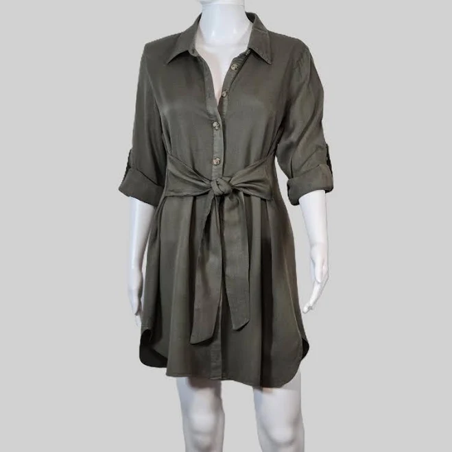 dress Olive Green Button Front Tie Waist Shirt Dress Roll Tab Sleeve Midi eBay $20