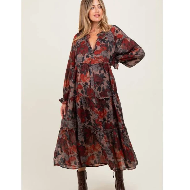 dress Pinkblush Maternity Floral Chiffon Ruffle Tiered Midi Dress Nordstrom $89
