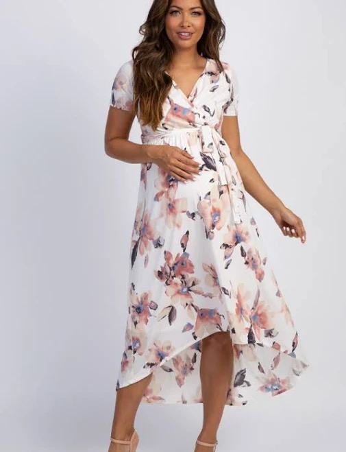 dress Pinkblush Maternity Ivory Watercolor Floral Hi-Low Wrap Dress PinkBlush Maternity $53