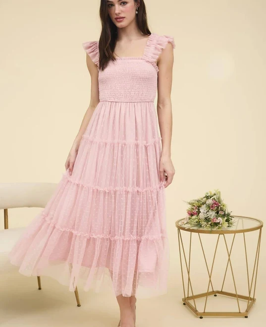 dress Polka Dot Chiffon Tiered Midi Dress Imagine That Boutique $56.99