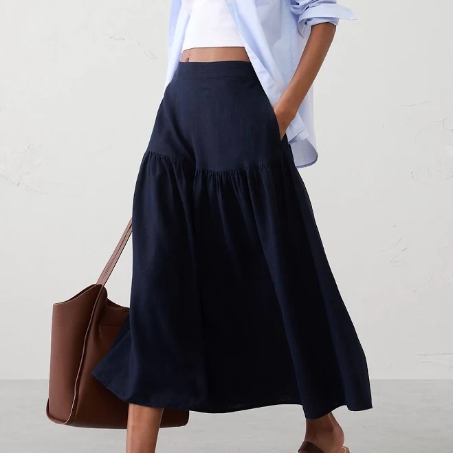 bottom Preppy Linen-Blend Tiered Midi Skirt Banana Republic Factory $60