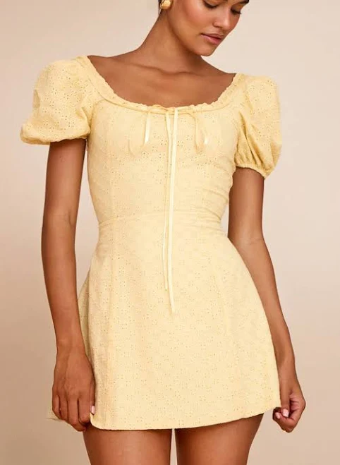 dress PrettyLittleThing Women's Broderie Puff Sleeve A-line Mini Dress in Yellow | Size: 12 Nasty Gal - US $36.8