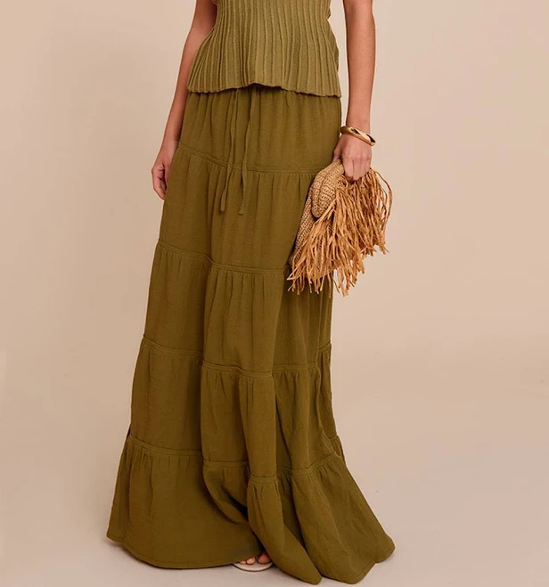 skirt PrettyLittleThing Women's Cotton Tiered Drawstring Waist Maxi Skirt in Olive | Size: 12 Nasty Gal - US $37