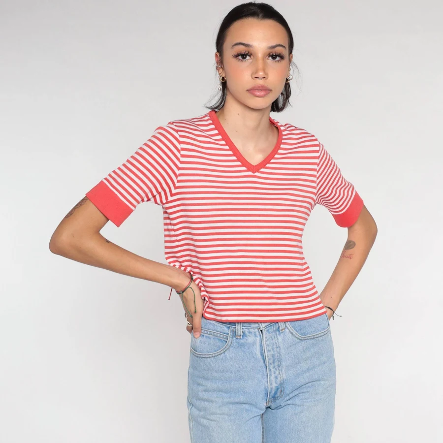 t-shirt Retro V Neck Striped T-Shirt Etsy - ShopExile $24.3