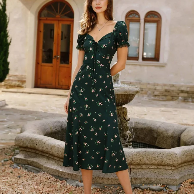 dress Rihoas Floral Sweetheart Puff Sleeve A-Line Flowy Midi Dress Rihoas $47