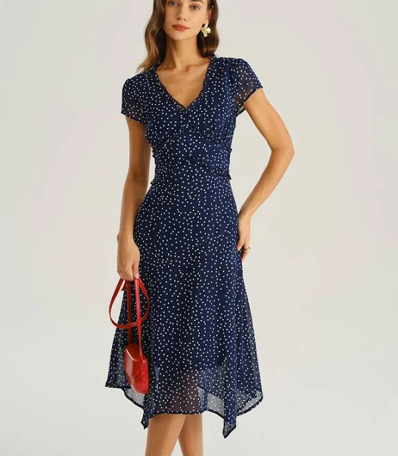 dress Rihoas Ruched V Neck Polka Dot A-Line Midi Dress Rihoas $42