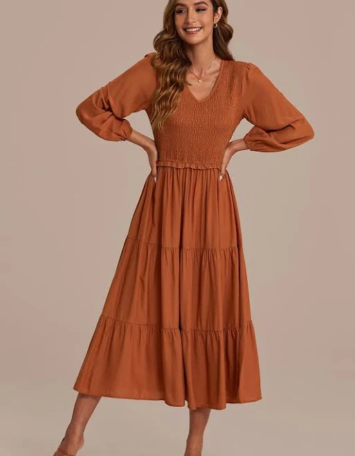 dress Rust Long Puff Sleeve V Neck Smocked Tiered Midi Dress Petal Lush $49.5