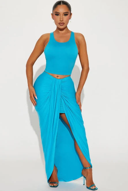 matching set Sleeveless Cropped Tank Top Maxi Skirt Set in Aqua, Size S | Fashion Nova Fashion Nova $19.99