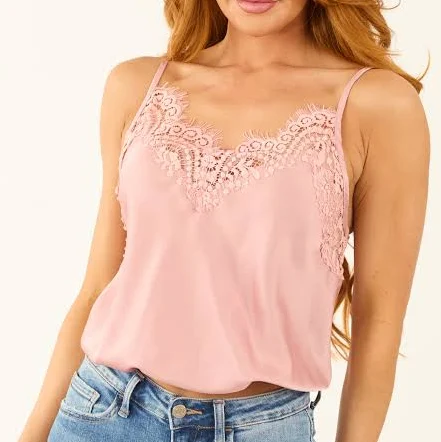 top Sleeveless Satin Cami Top with Lace Trim Lime Lush $29.95