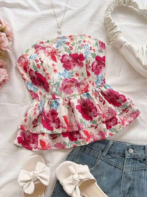 top Soleia Women's Floral Ruffle Hem Strapless Flared Woven Fabric Blouse Shein $9.48
