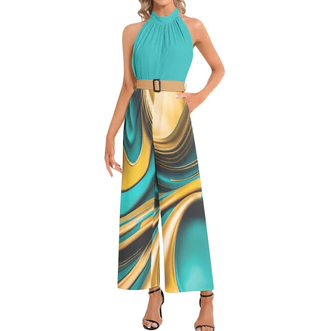 jumpsuit Teal and Gold Abstract Art Pattern Halter Neck Buckle Belted Woman's Jumpsuit Etsy - Seller $40.2