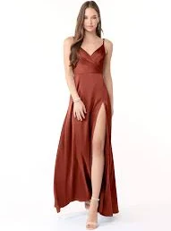 dress Terracotta A-Line V-Neck Pleated Stretch Satin Dress Azazie.com $29