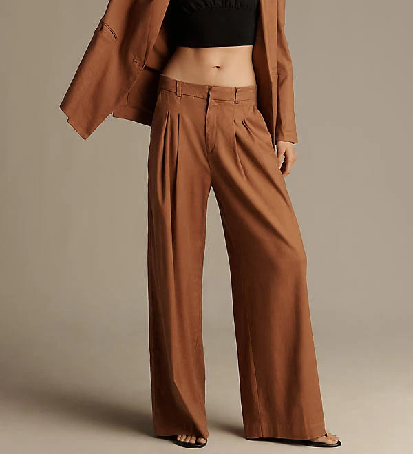 pants The Avery Linen Pleated Wide-Leg Trousers by Maeve Pants in Brown, Size: S Tall at Anthropologie Anthropologie $148