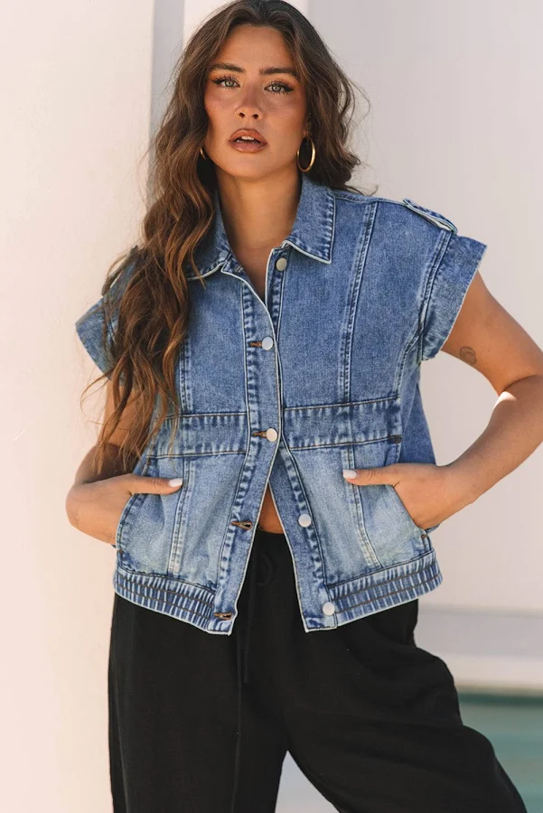 denim vest Threaded Pear Nora Acid Wash Elastic Hem Denim Vest Threaded Pear $47.99