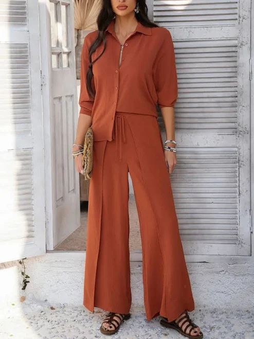 matching set Trendsi Devine Button Down Long Sleeve Top and Wide Leg Pants Set Charming Charlie $53