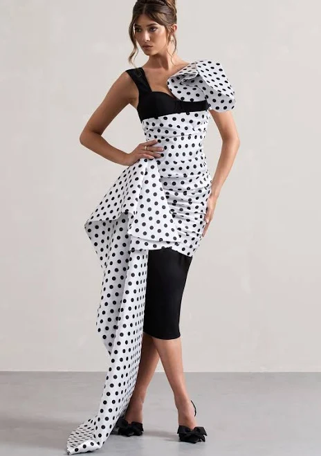 dress Unattainable Black Polka Dot Wrap Midi Dress Volume Drape Club L London USA $120