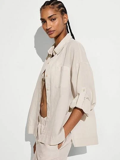 top Victoria's Secret Women's Linen Boxy Long-Sleeve Shirt Victoria's Secret $45.46