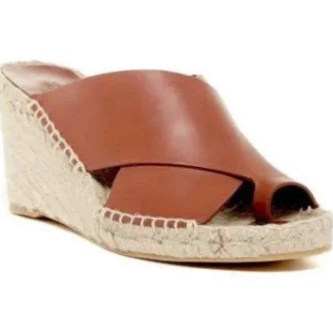 shoes Vince Surya Brown Leather Wedge Espadrille Jute Sandals eBay $75