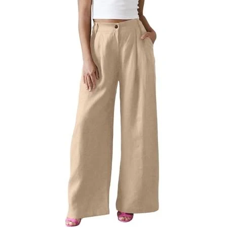 pants Wide Leg Pants Women High Waisted Pleated Cotton Linen Pants with Pockets Button Casual Pant Travel Vacation Outfits Khaki M, Women's, Size: Medium Walmart - Yin Dahe $9.99