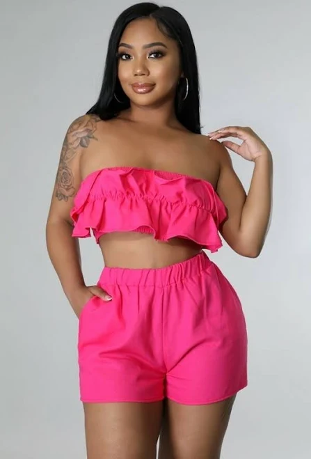 matching set Women Fashion Ruffled Linen Tube Crop Top And Gartirized Shorts eBay - kimskouture $58.99