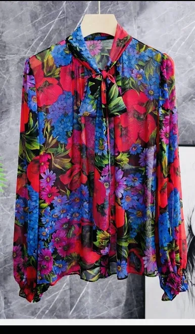 blouses Women’s Red/blue Floral Pussy Bow 100% Silk Blouse Shirt Sz Large eBay - rossy982014 $400