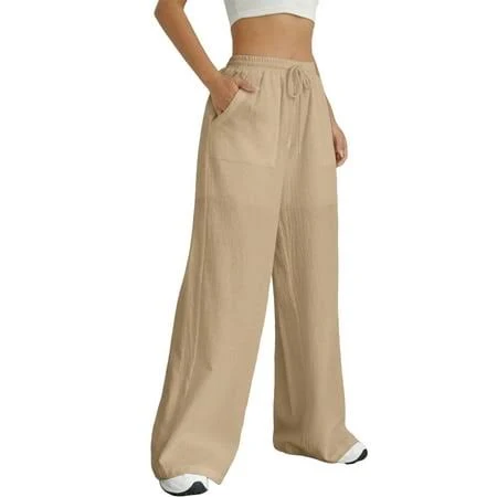 pants Women Wide Leg Linen Pants, High Waisted Summer Casual Cotton Linen Palazzo Pants with Pockets Camel Color XL, Women's Walmart - Fairy22 $32.97