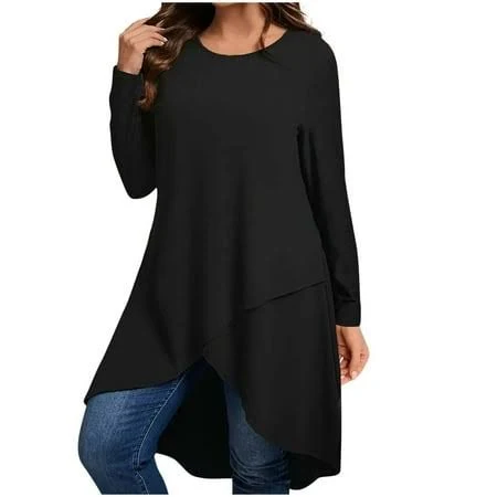 top Women's Asymmetrical Hem Long Sleeve Crewneck Maxi Shirt Walmart - Oplxuo $21.59