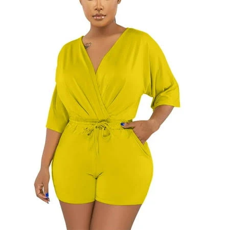 romper Women's Elegant V-Neck Romper Shorts with Adjustable Drawstring Waist Walmart - Uaswgudfs $18.09
