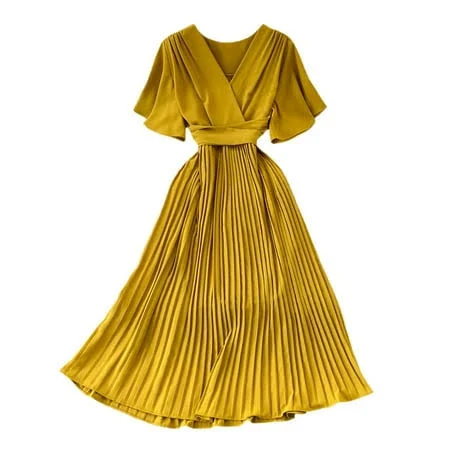 dress Women's Faux Wrap V Neck Flutter Sleeve Pleated Midi Flowy Dress Walmart - YM YOUMU $28.99