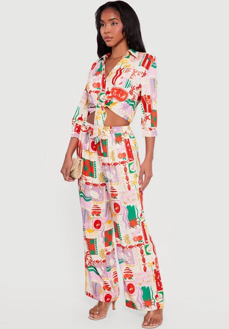 pants Women's High-Waisted Tropical Pattern Drawstring Waist Pants Rainbow Shops $8.99