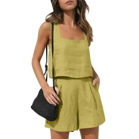 matching set Women's Linen Sleeveless Crop Tank Tops and High Waist Lounge Shorts with Pockets Walmart - mohiass $13.88