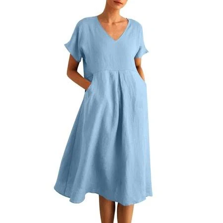 dress Women's Linen V-Neck Midi Dress with Pockets Walmart - MenSevevn $11.96