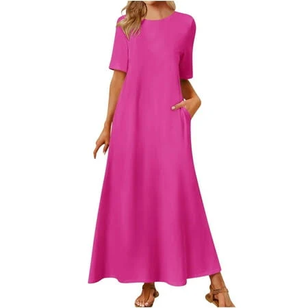dress Women's Loose Fit Waist Flowy Short Sleeve Crewneck Maxi Dress with Pockets Walmart - gbyLJF $13.62