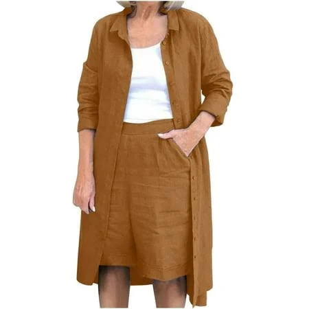 matching set Women's Loose Linen Full Sleeve Button Up Shirt and High Waist Shorts Set Walmart - Fashion Outfits For You $11.71