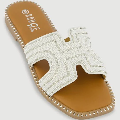 shoes Womens Rhinestone Beaded H Band Slide Sandals with Studded Trim, White, Size 5.5 - Rainbow Shops Rainbow Shops $12.99