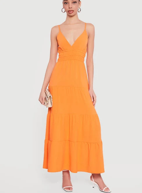 dress Womens Solid Crepe Knit Tiered Maxi Dress, Orange, Size L - Rainbow Shops Rainbow Shops $16.99