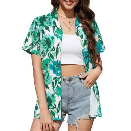 top Women's Tropical Floral Printed Short Sleeve Button Down Shirt Walmart - Fancyglim $13.95