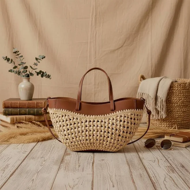 bag Woven Straw Tote with Leather Handle Etsy - Seller $108.5