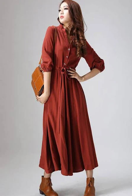 dress xiaolizi Rust Linen Maxi Shirt Dress with Drawstring Waist and Buttons XiaoLizi $89