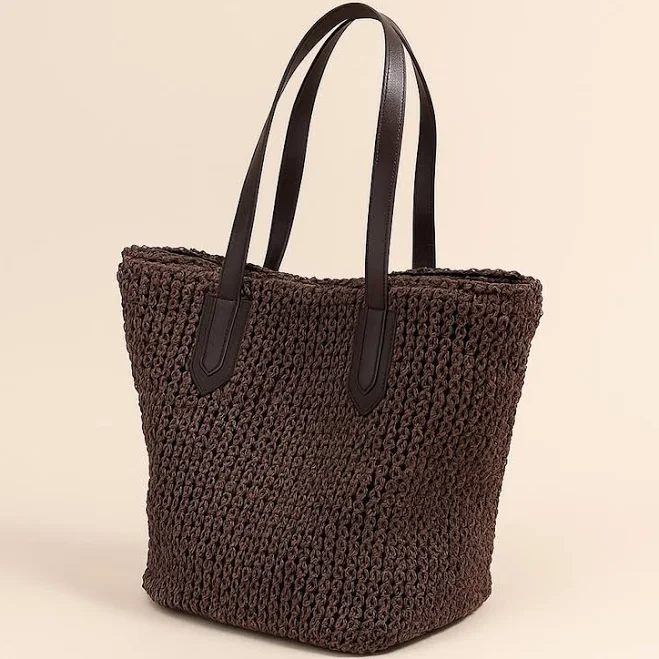 Handwoven Straw Tote Bag with Leather Handles
